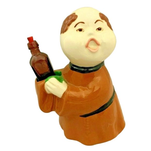 Pair of Ceramic Monk Figurines Holding Wine / Liquor Bottles - 5" & 6" Tall - Picture 5 of 7